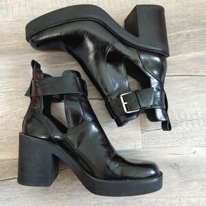 Black Cutout Platform Ankle Boots with Buckle